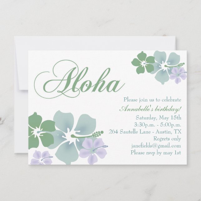 Invitación al cumpleaños de Aloha con flores azule (Anverso)