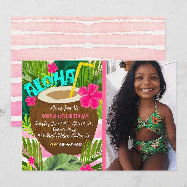 Invitación al cumpleaños de Aloha Tropical (Anverso / Reverso)