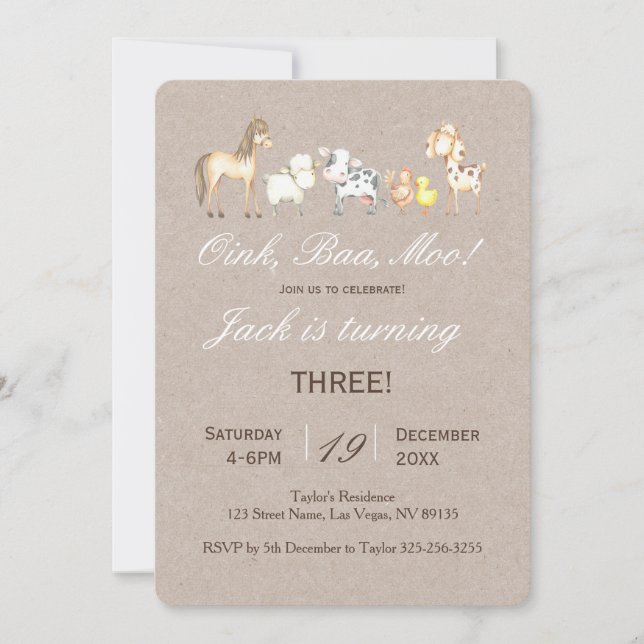 Invitación al cumpleaños de animales de granja (Anverso)