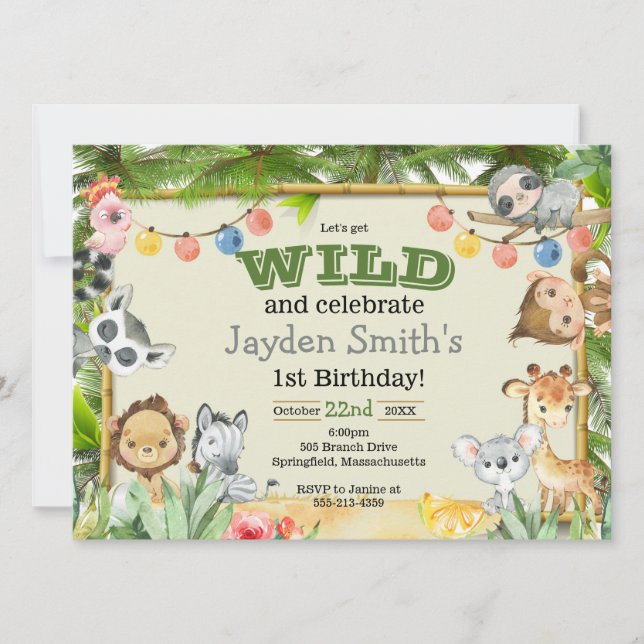Invitación al cumpleaños de animales salvajes exót (Anverso)