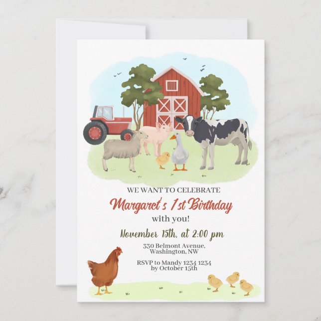 Invitación al cumpleaños de Barnyard Animals (Anverso)