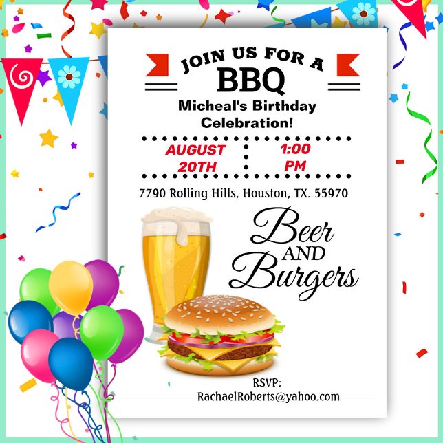Invitación al cumpleaños de Beer and Burgers BBBQ (Subido por el creador)