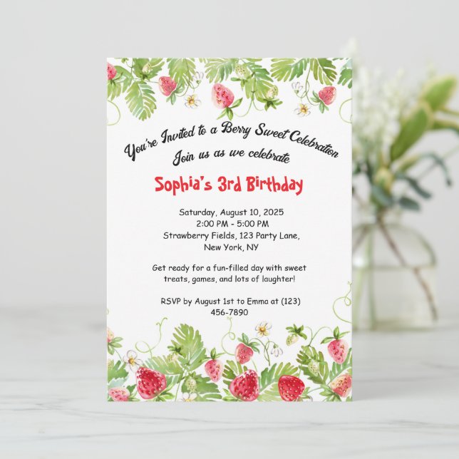 Invitación al cumpleaños de Berry Sweet Strawberry (Anverso de pie)