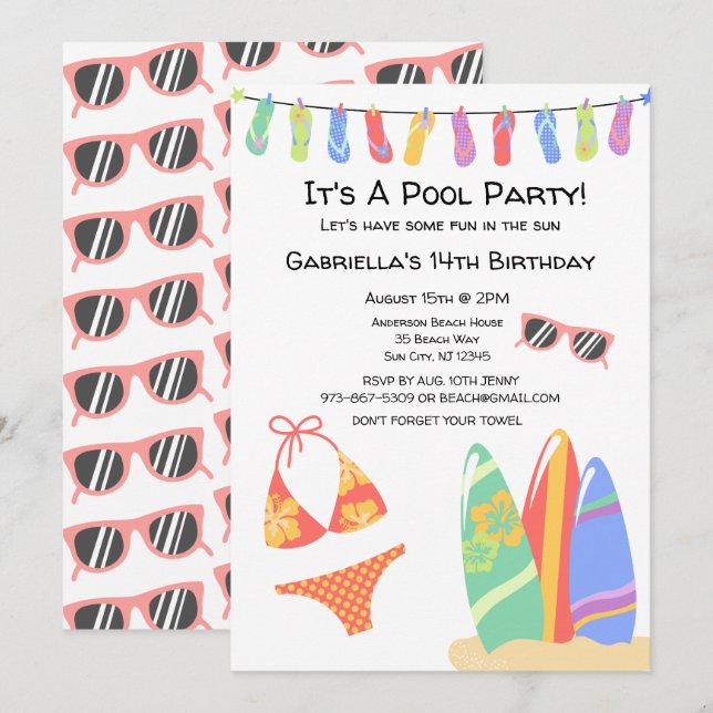 Invitación al cumpleaños de Bikini de Fiesta de ch (Anverso / Reverso)