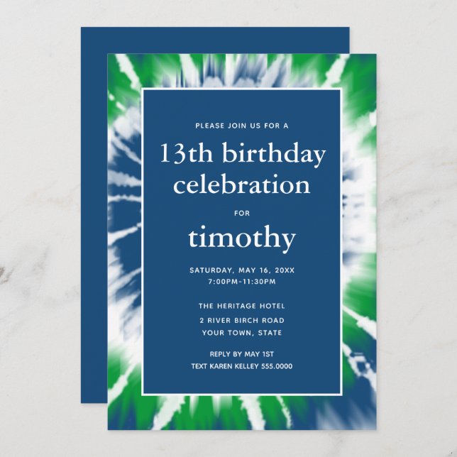 Invitación al cumpleaños de Blue and Green Tie Dye (Anverso / Reverso)