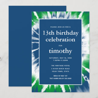 Invitación al cumpleaños de Blue and Green Tie Dye