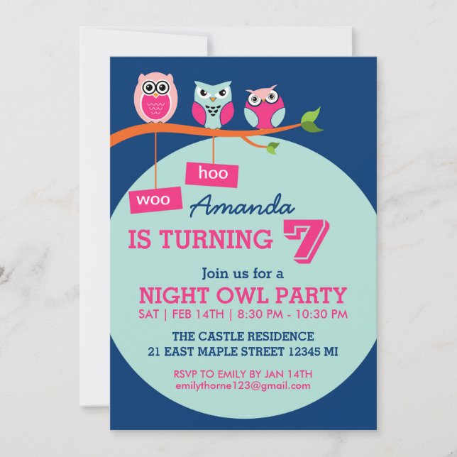 Invitación al cumpleaños de Blue Cute Owl Polka (Anverso)