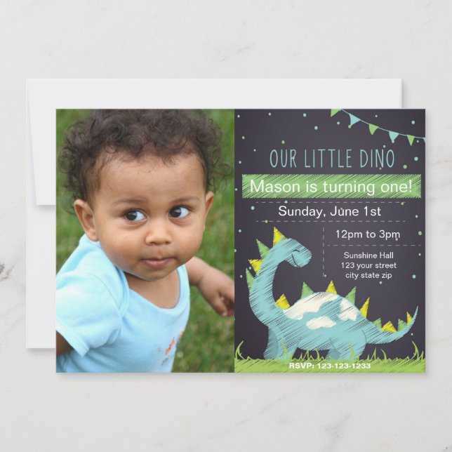 Invitación al cumpleaños de Blue Dino con foto (Anverso)