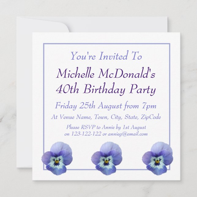 Invitación al cumpleaños de Blue Pansy (Anverso)