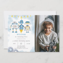 Invitación al cumpleaños de Blue Robot con foto