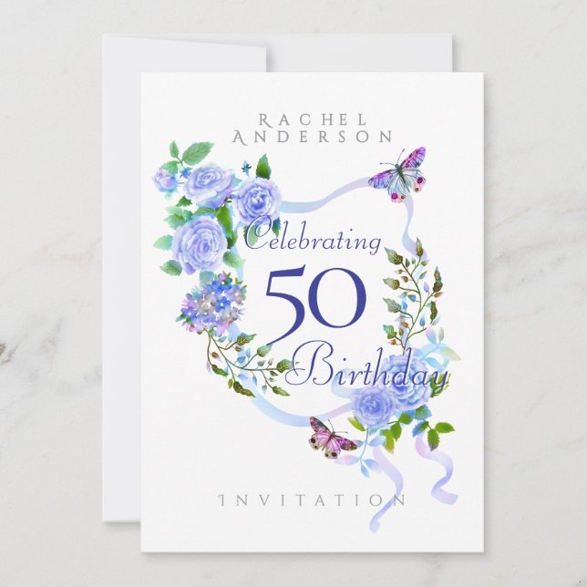 Invitación al cumpleaños de Blue Rosa Ribbon (Anverso)