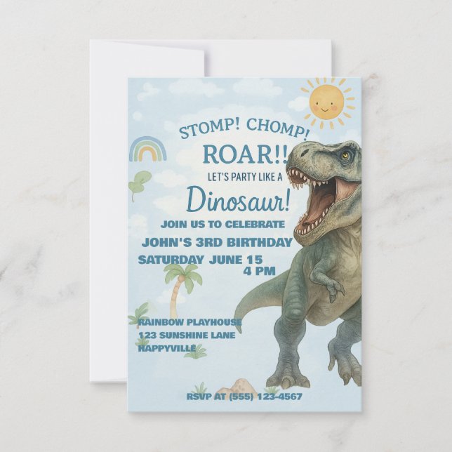 Invitación al cumpleaños de Blue T-Rex Dinosaur (Anverso)