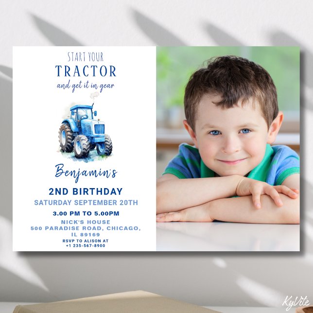 Invitación al cumpleaños de Blue Tractor con foto (Subido por el creador)
