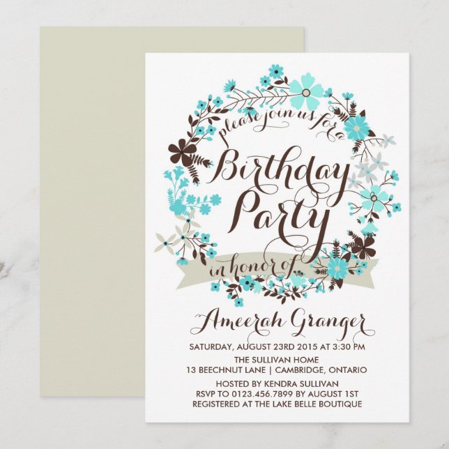 Invitación al cumpleaños de Blue Winter Floral Wre (Anverso / Reverso)