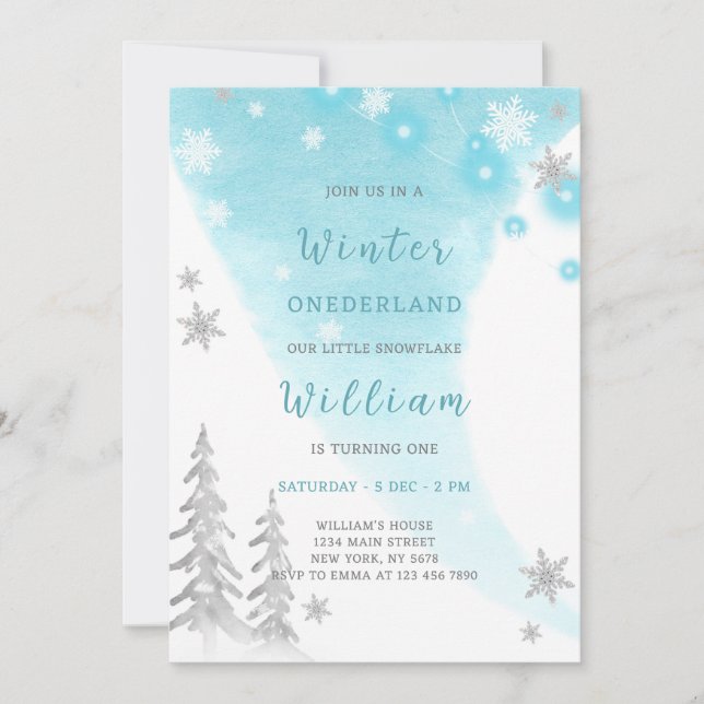Invitación al cumpleaños de Blue Winter Onederland (Anverso)