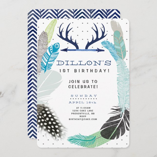 Invitación al cumpleaños de Boho Feather (Anverso / Reverso)