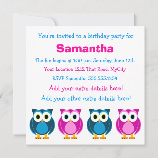 Invitación al cumpleaños de búho y tinto (Anverso)