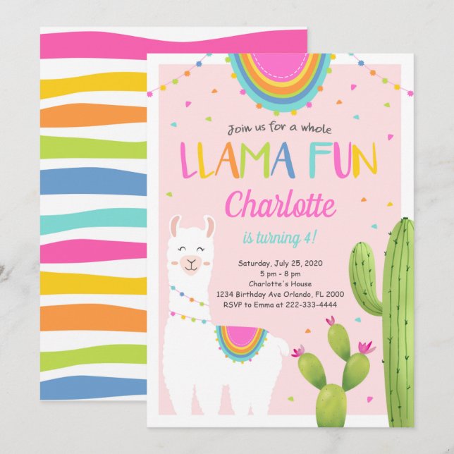 Invitación al cumpleaños de Cactus de Llama Rosa (Anverso / Reverso)