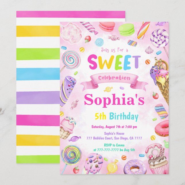Invitación al cumpleaños de Candy Land (Anverso / Reverso)