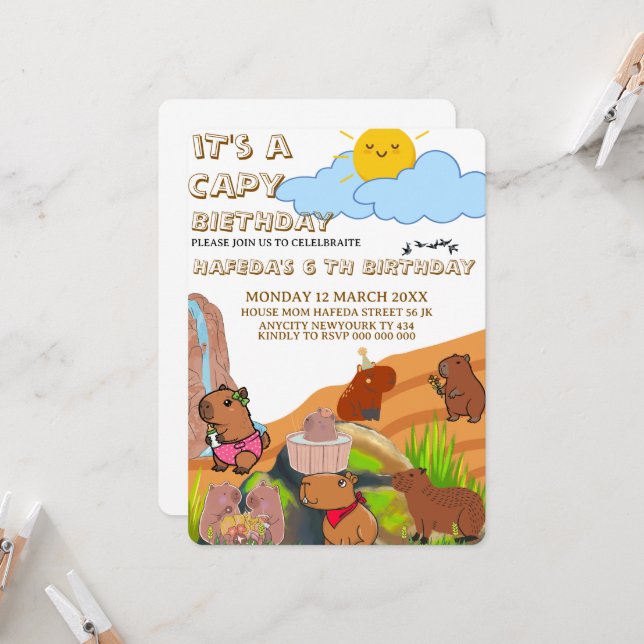 Invitación al cumpleaños de Capibara, guirnalda ro (Anverso/Reverso In Situ)