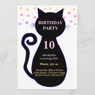 Invitación al cumpleaños de Cat & Multicolored Con