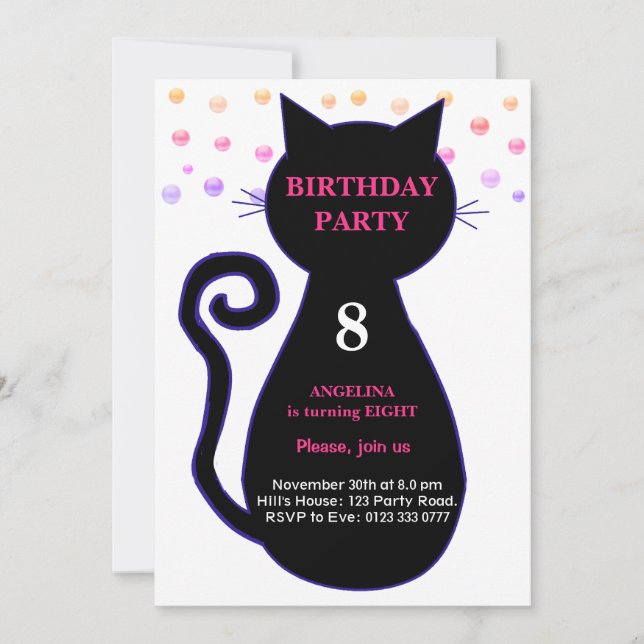 Invitación al cumpleaños de Cat & Multicolored Con (Anverso)