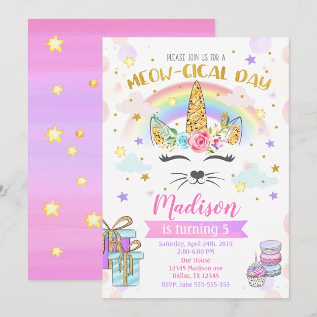 Invitación al cumpleaños de Caticorn, gato mágico  (Anverso / Reverso)