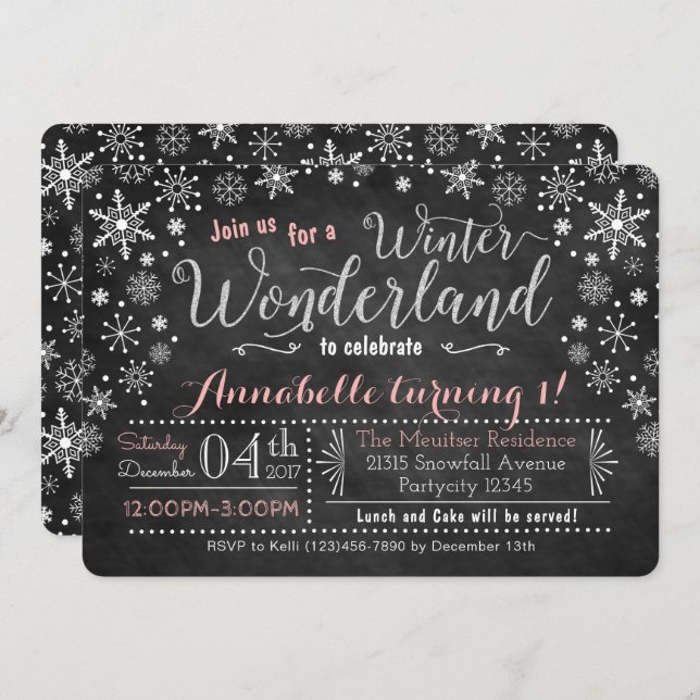 Invitación al cumpleaños de Chalkboard Winter Wond (Anverso / Reverso)