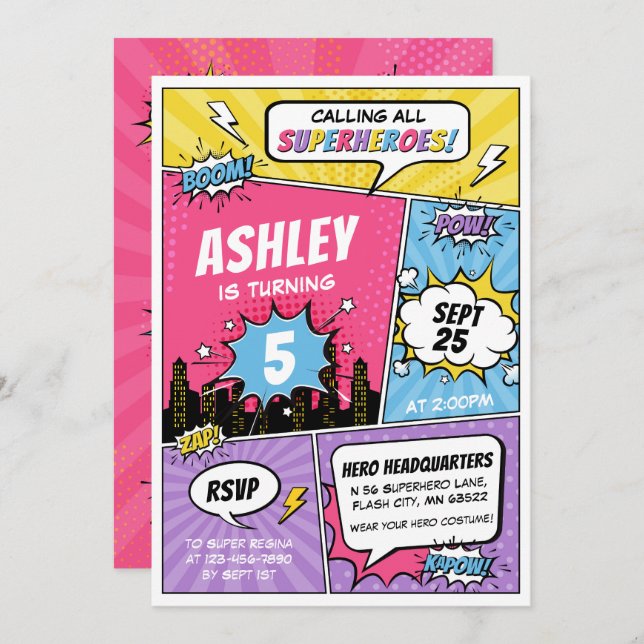 Invitación al cumpleaños de chica Superhéroe Comic (Anverso / Reverso)