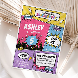 Invitación al cumpleaños de chica Superhéroe Comic