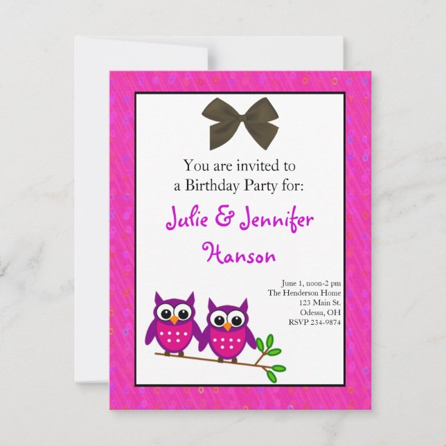 Invitación al cumpleaños de Chicas gemelos Lechuza (Anverso)