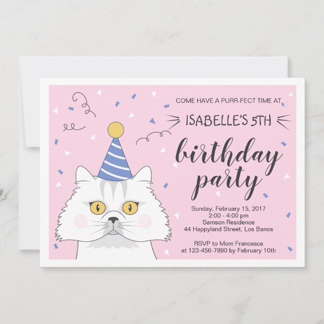 Invitación al cumpleaños de Confetti de Purty Cat  (Anverso)