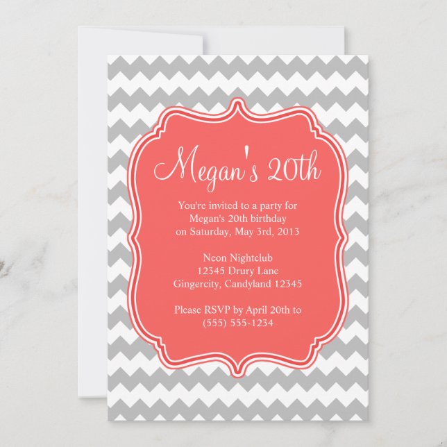 Invitación al cumpleaños de Coral Quatrefoil Chevr (Anverso)