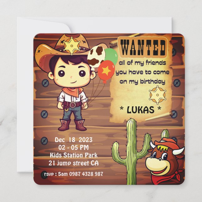 Invitación al cumpleaños de Cowboy (Anverso)