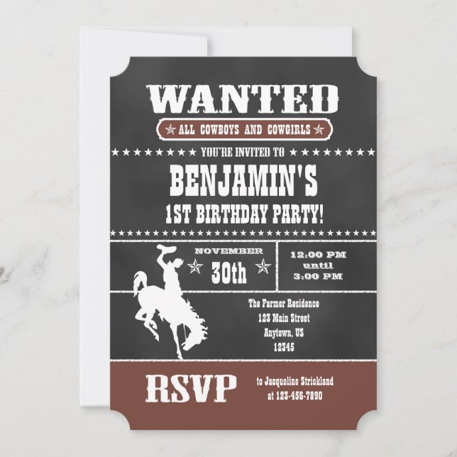 Invitación al cumpleaños de Cowboy Chalkboard Brow (Anverso)