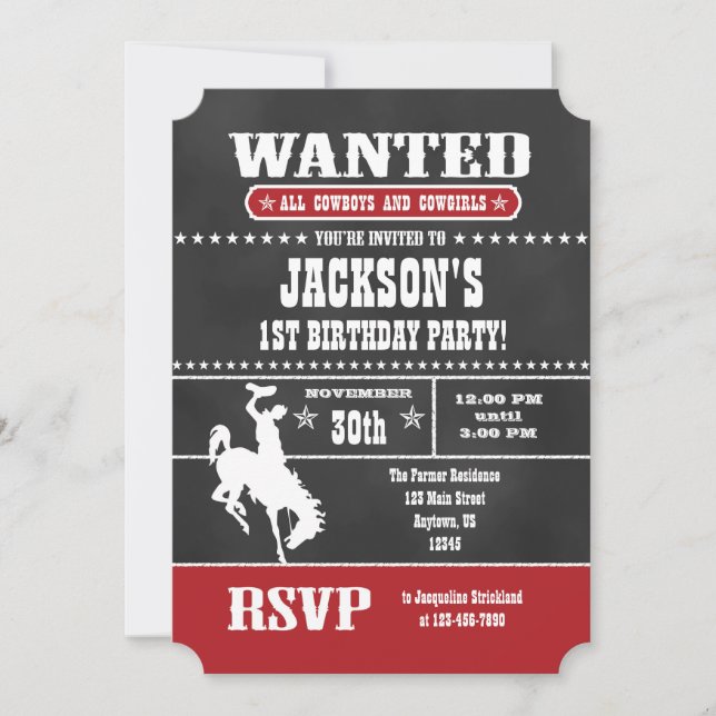 Invitación al cumpleaños de Cowboy de Red Chalkboa (Anverso)