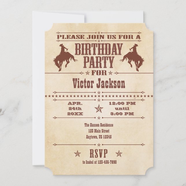 Invitación al cumpleaños de Cowboy marrón vintage (Anverso)