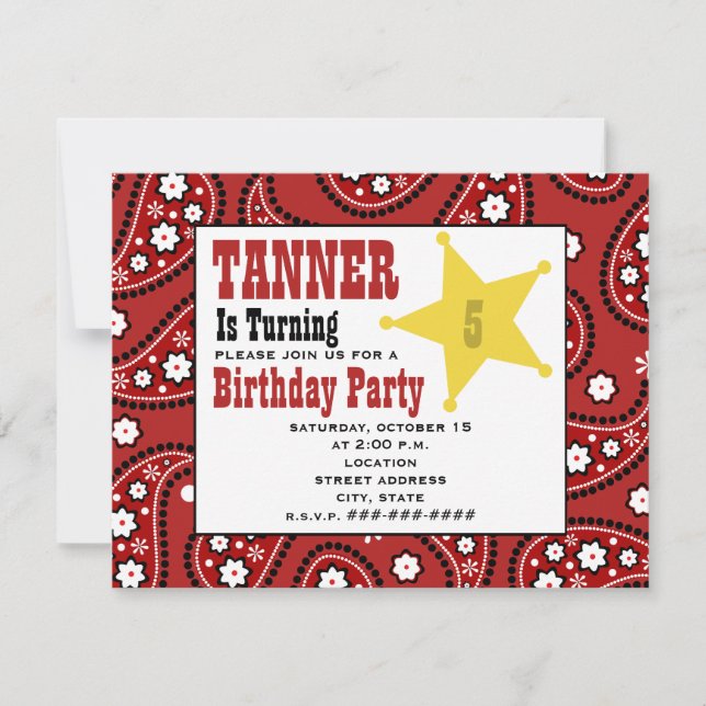 Invitación al cumpleaños de Cowboy para niños Red  (Anverso)