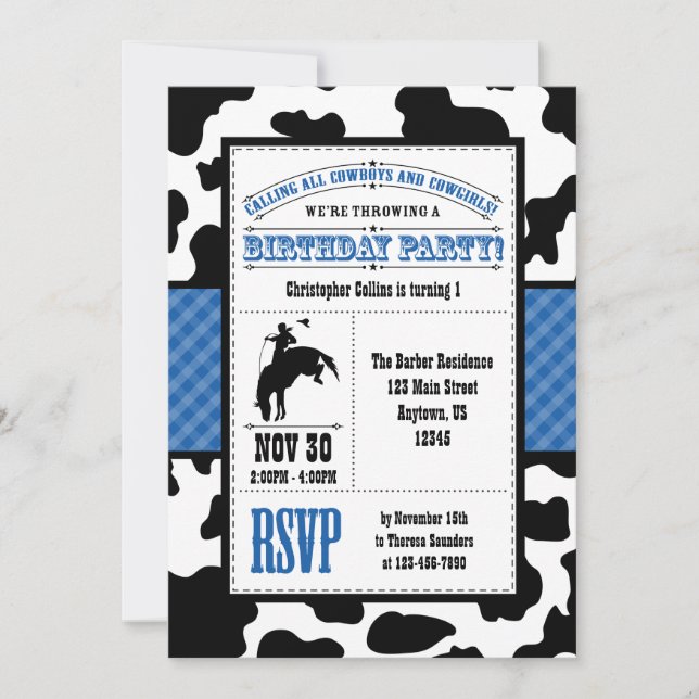 Invitación al cumpleaños de Cowboy Piel de vaca Az (Anverso)
