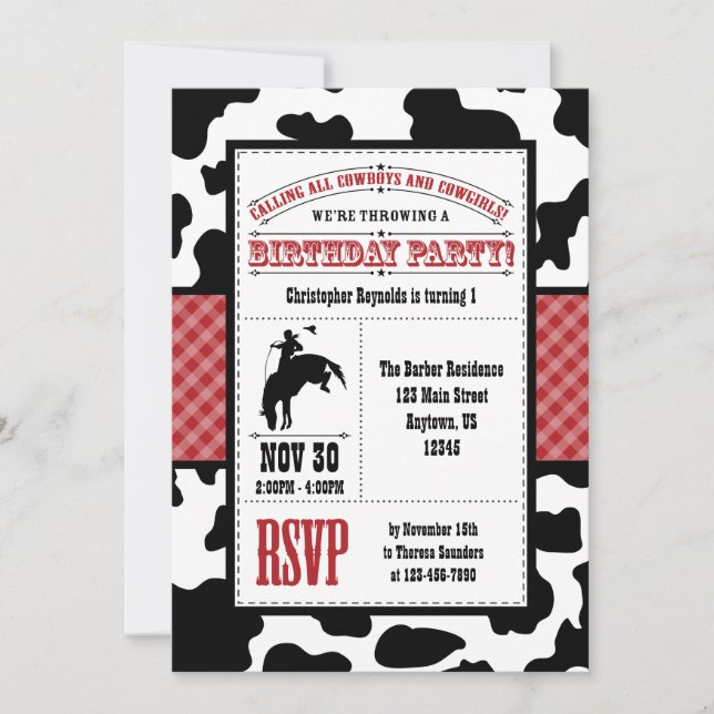 Invitación al cumpleaños de Cowboy Piel de vaca Ro (Anverso)