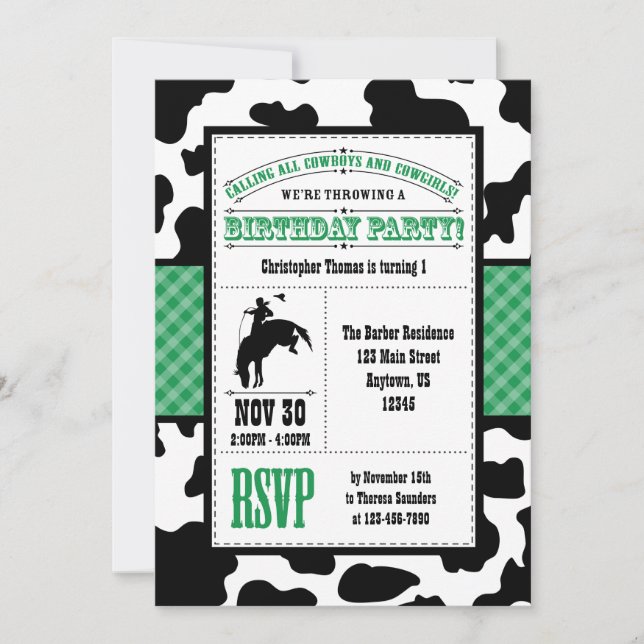 Invitación al cumpleaños de Cowboy Piel de vaca Ve (Anverso)