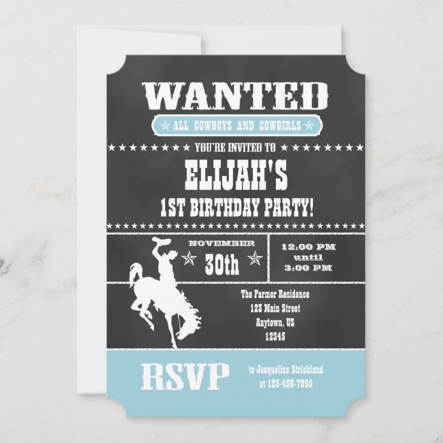 Invitación al cumpleaños de Cowboy Powder Blue Cha (Anverso)