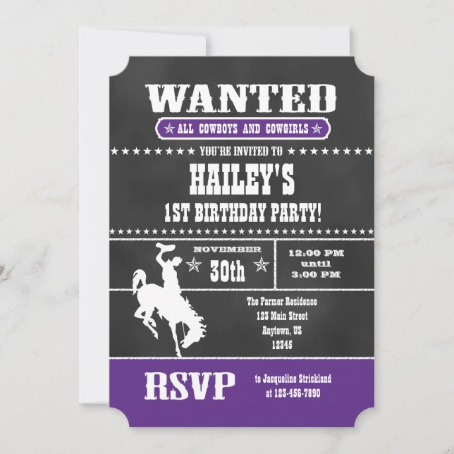 Invitación al cumpleaños de Cowboy Purple Chalkboa (Anverso)
