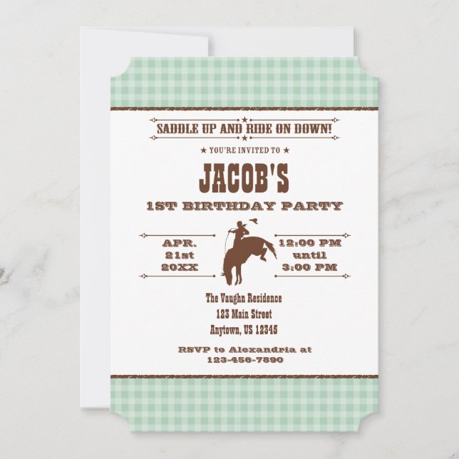 Invitación al cumpleaños de Cowboy Rodeo de Mint G (Anverso)