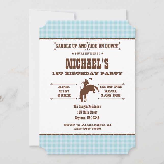 Invitación al cumpleaños de Cowboy Rodeo Polvo Blu (Anverso)
