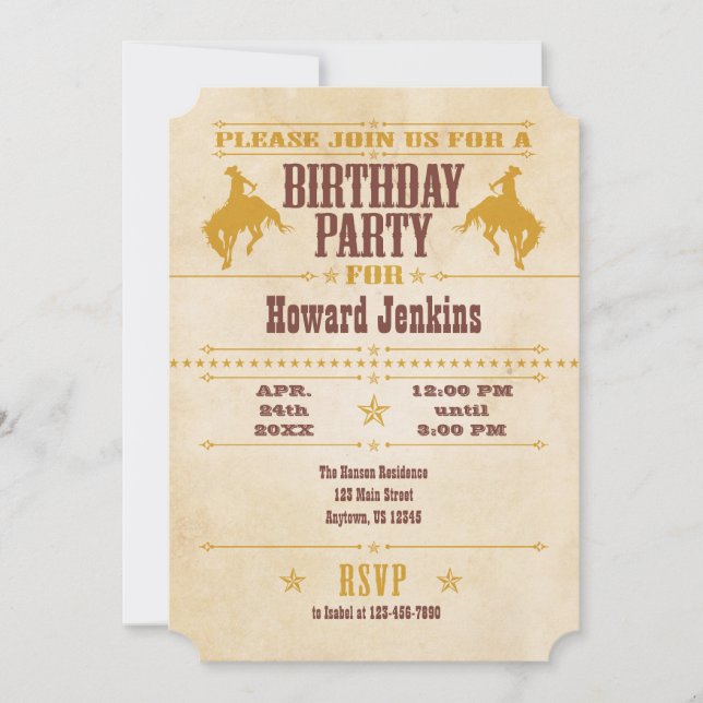 Invitación al cumpleaños de Cowboy Vintage Gold Br (Anverso)