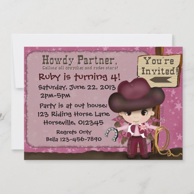 Invitación al cumpleaños de Cowgirl occidental (Anverso)