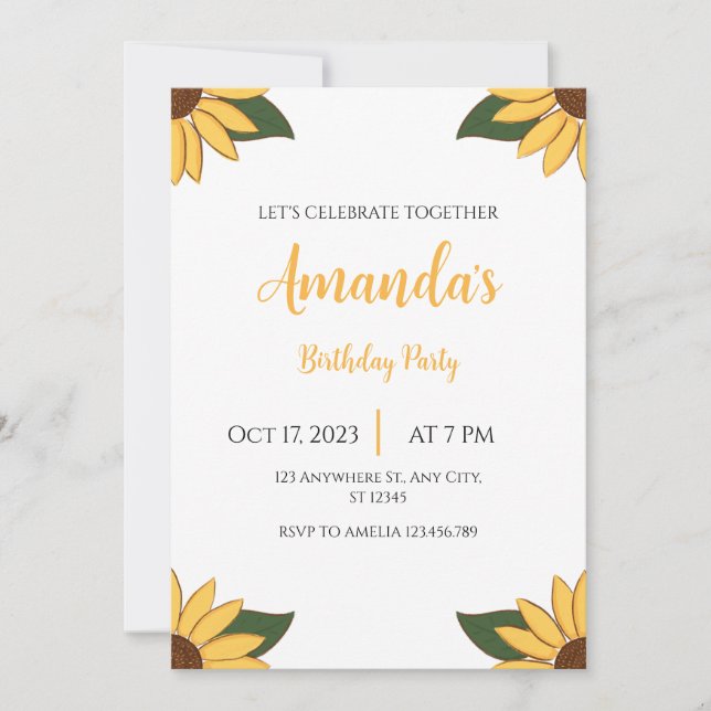 Invitación al cumpleaños de Cualquier Edad Sunflow (Anverso)