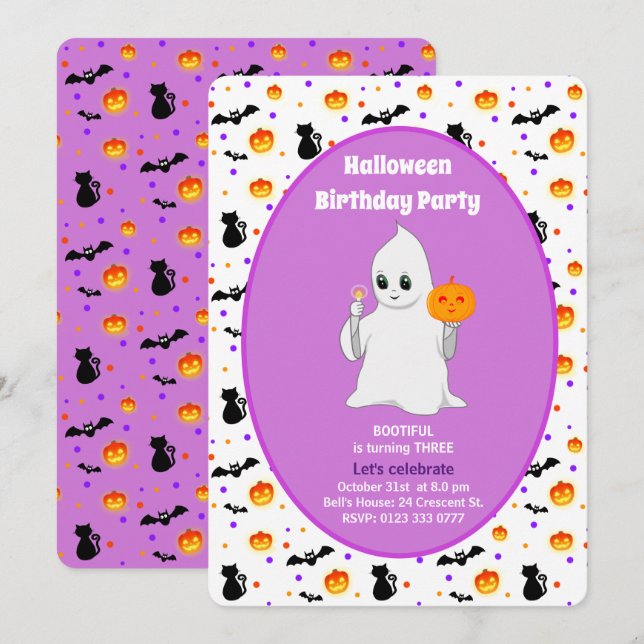 Invitación al cumpleaños de Cute Baby Ghost Hallow (Anverso / Reverso)
