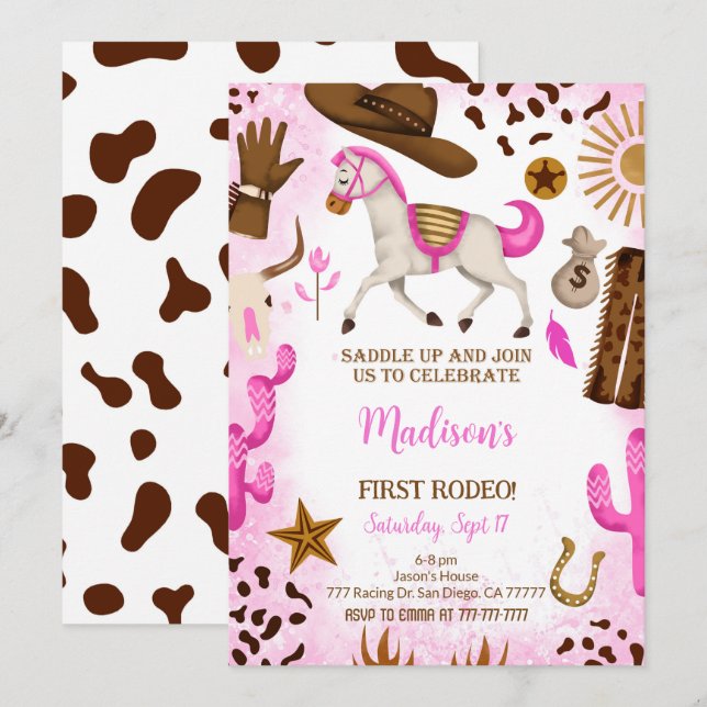 Invitación al cumpleaños de Cute Cowgirl (Anverso / Reverso)